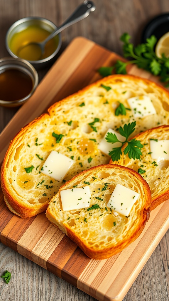 Crispy garlic bread slices with melted butter and parsley on a wooden board.
